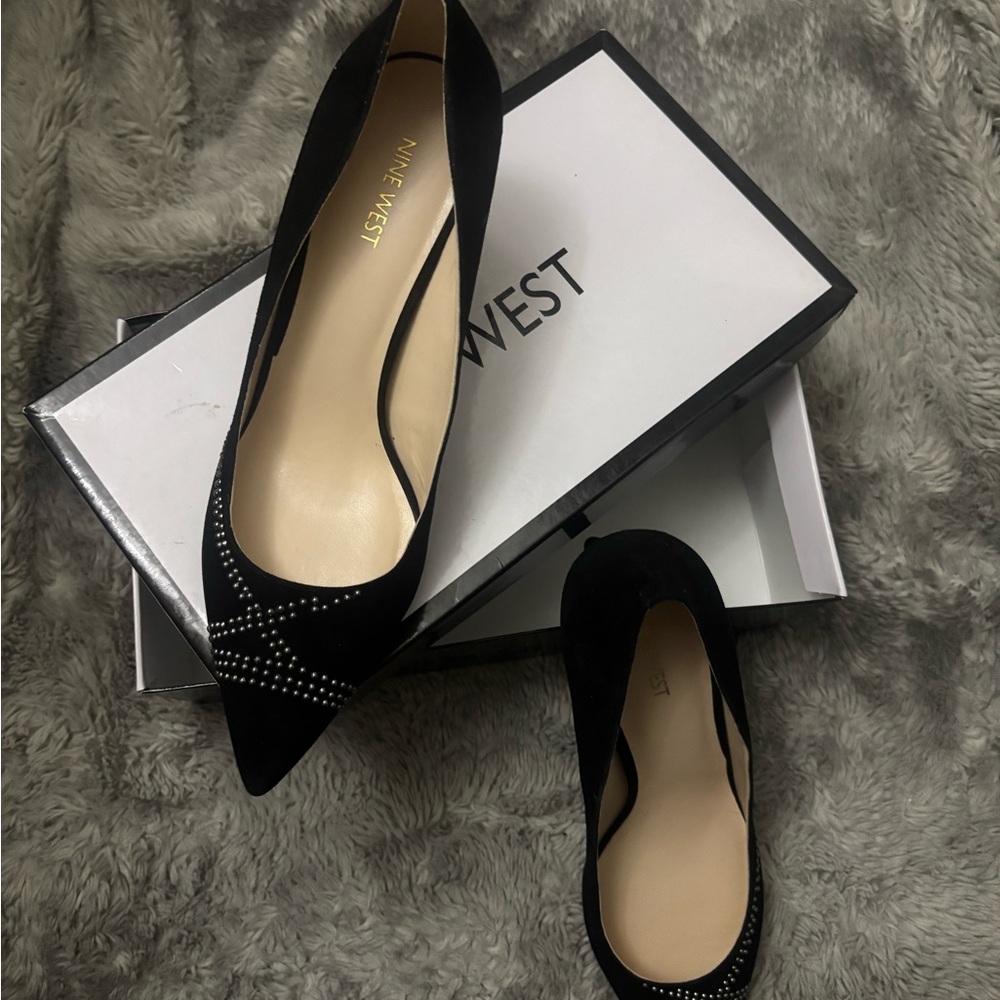 Nine West Black Pointed-Toe Flats with Stud Accent